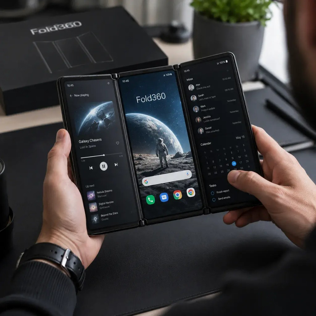 Fold360 — smartphone pieghevole a 3 schermi in uso